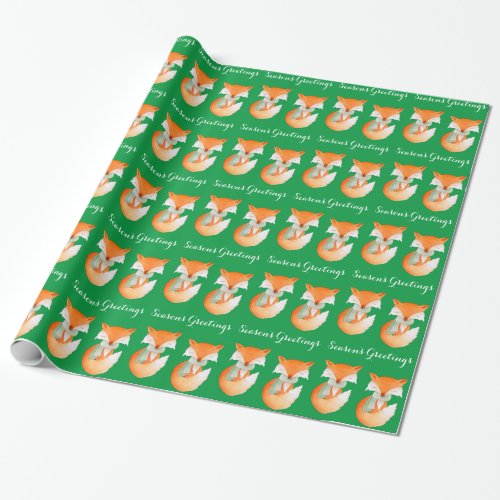 Fox cub winter art greetings Christmas green wrap Wrapping Paper