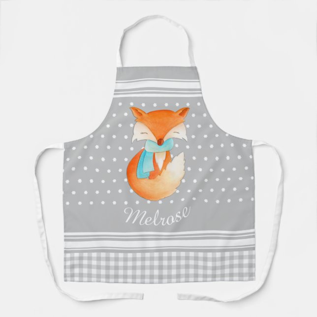 Fox cub with scarf art name gray white apron (Front)