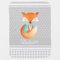 Fox cub with scarf art name grey baby blanket