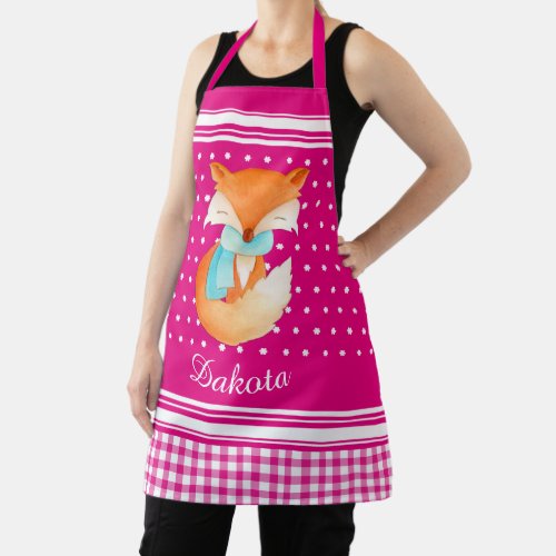 Fox cub with scarf art name pink white apron