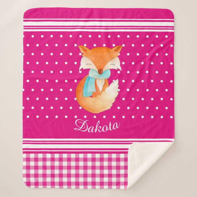 Fox cub with scarf art name pink white sherpa blanket (Front)
