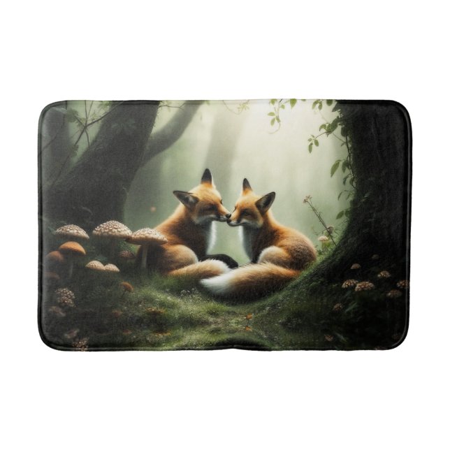 Fox Cuddle in Misty Forest  Bath Mat (Front)