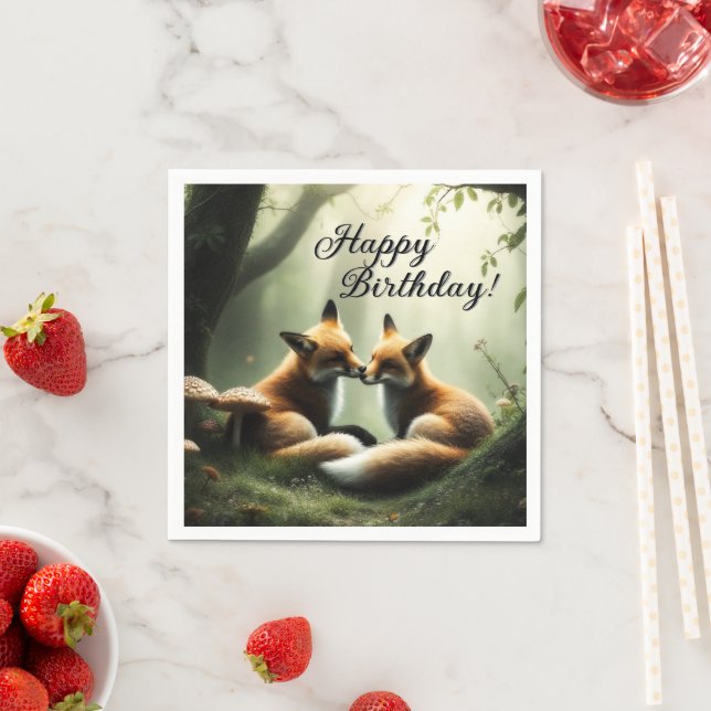 Fox Cuddle in Misty Forest Birthday Napkins (Insitu)
