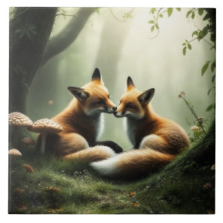 Fox Cuddle in Misty Forest  Ceramic Tile