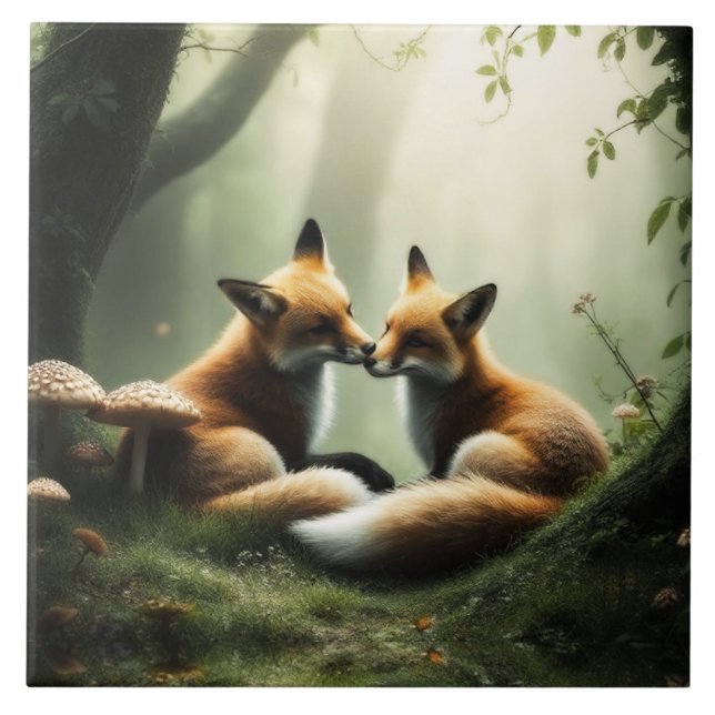 Fox Cuddle in Misty Forest  Ceramic Tile (Front)
