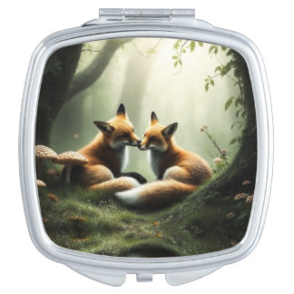 Fox Cuddle in Misty Forest  Compact Mirror