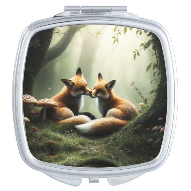 Fox Cuddle in Misty Forest  Compact Mirror (Front)