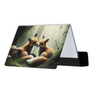 Fox Cuddle in Misty Forest  Desk Business Card Holder