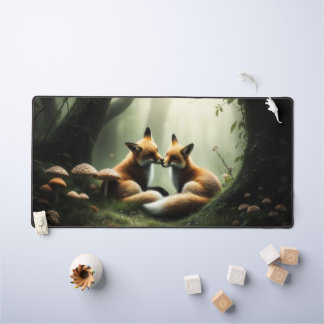 Fox Cuddle in Misty Forest  Desk Mat