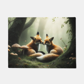 Fox Cuddle in Misty Forest  Doormat