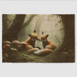 Fox Cuddle in Misty Forest  Fiber Doormat