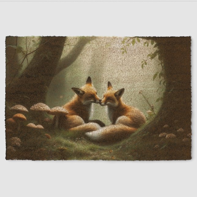 Fox Cuddle in Misty Forest  Fiber Doormat (Front)