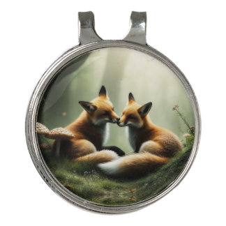 Fox Cuddle in Misty Forest  Golf Hat Clip