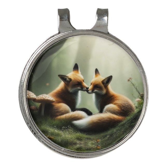 Fox Cuddle in Misty Forest  Golf Hat Clip (Front)