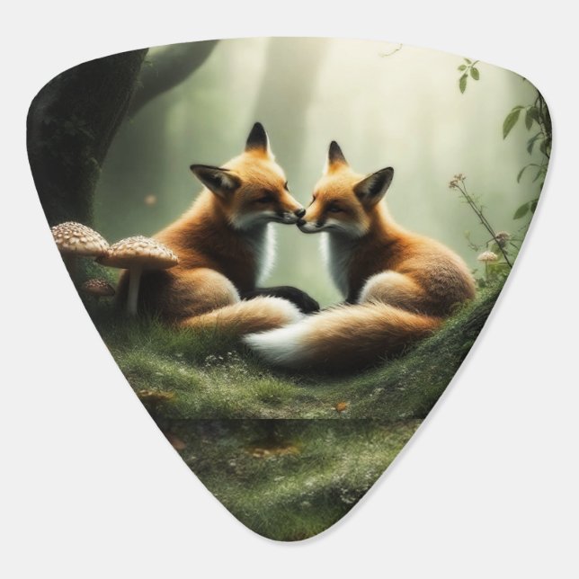Fox Cuddle in Misty Forest  Guitar Pick (Back)