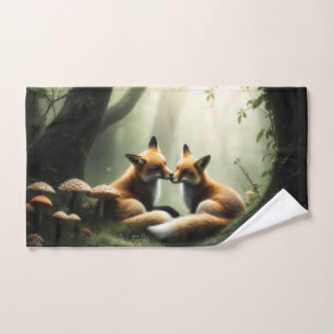 Fox Cuddle in Misty Forest Hand Towel