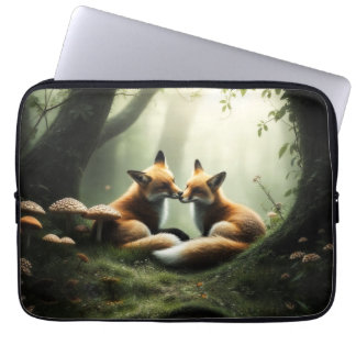 Fox Cuddle in Misty Forest  Laptop Sleeve