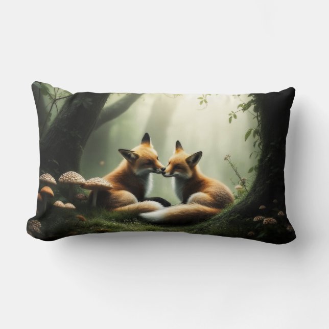 Fox Cuddle in Misty Forest  Lumbar Pillow (Front)