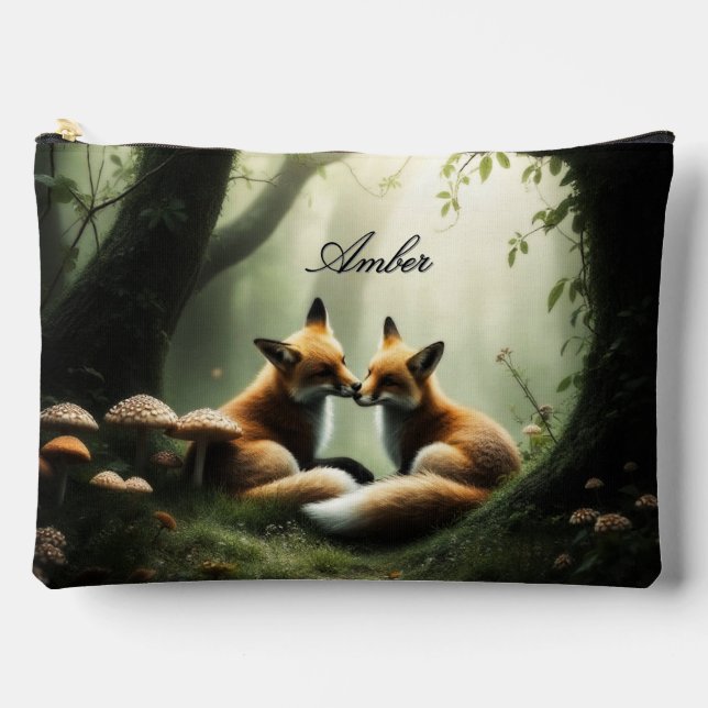 Fox Cuddle in Misty Forest Personalized  Accessory Pouch (Front)
