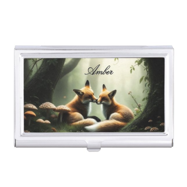 Fox Cuddle in Misty Forest Personalized  Business Card Case (Front)