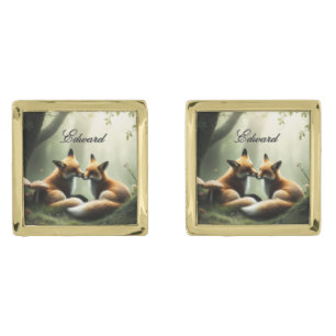 Fox Cuddle in Misty Forest Personalized  Cufflinks
