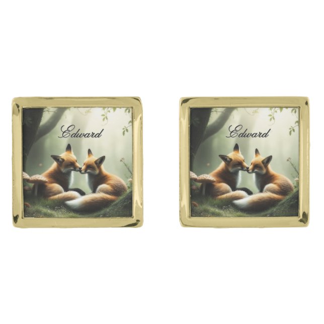Fox Cuddle in Misty Forest Personalized  Cufflinks (Front)