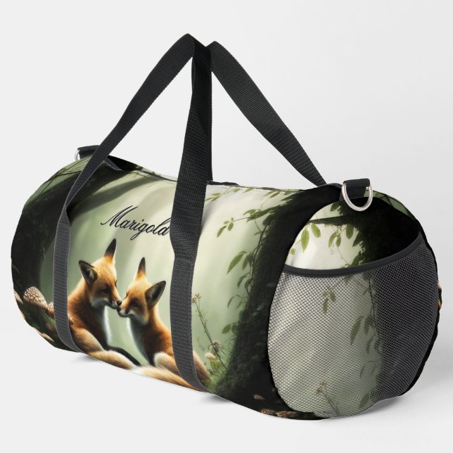 Fox Cuddle in Misty Forest Personalized  Duffle Bag (Right Corner)