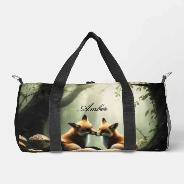 Fox Cuddle in Misty Forest Personalized  Duffle Bag (Front)
