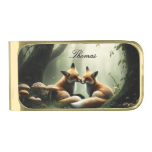 Fox Cuddle in Misty Forest Personalized Gold Finish Money Clip
