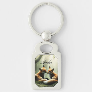 Fox Cuddle in Misty Forest Personalized Keychain