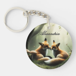 Fox Cuddle in Misty Forest Personalized  Keychain