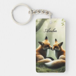 Fox Cuddle in Misty Forest Personalized Keychain