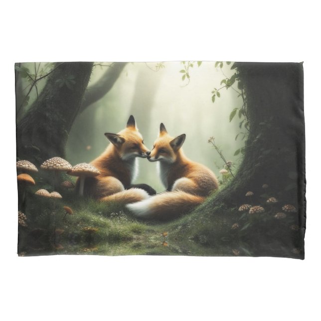 Fox Cuddle in Misty Forest  Pillow Case (Front)