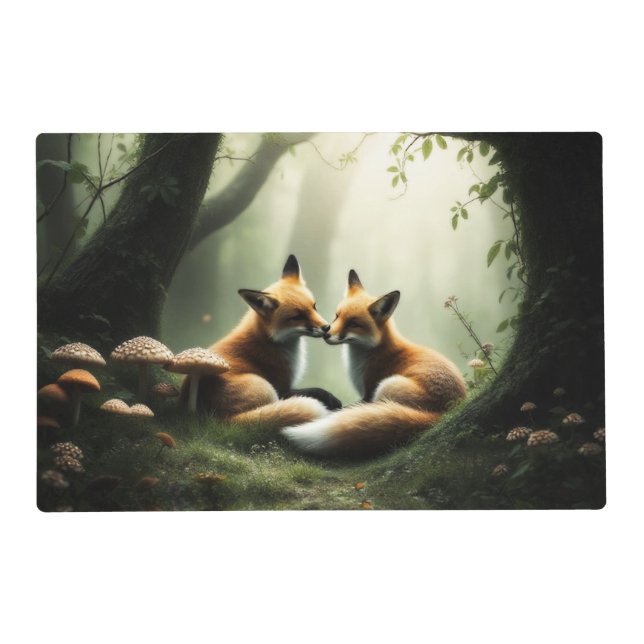 Fox Cuddle in Misty Forest  Placemat (Front)