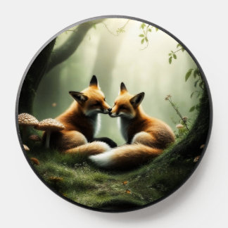 Fox Cuddle in Misty Forest  PopSocket