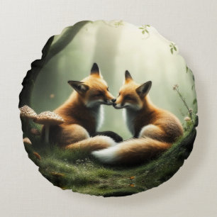 Fox Cuddle in Misty Forest  Round Pillow