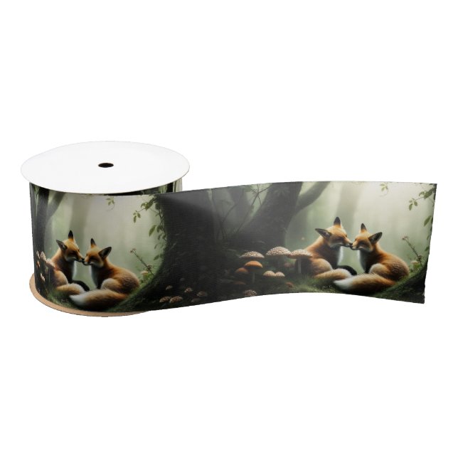 Fox Cuddle in Misty Forest  Satin Ribbon (Spool)