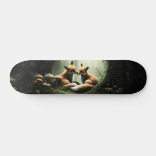 Fox Cuddle in Misty Forest  Skateboard