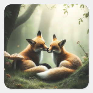 Fox Cuddle in Misty Forest Square Sticker
