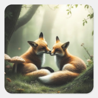Fox Cuddle in Misty Forest Square Sticker