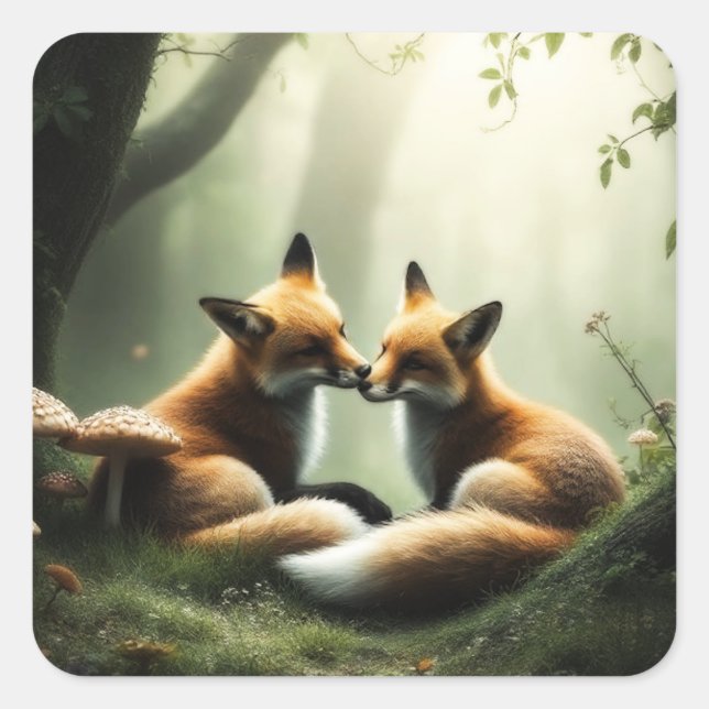 Fox Cuddle in Misty Forest  Square Sticker (Front)