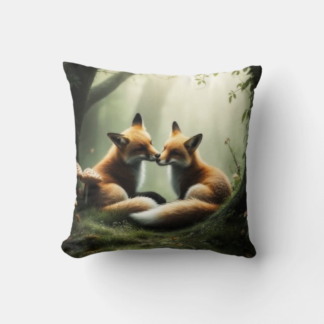 Fox Cuddle in Misty Forest  Throw Pillow (Front)