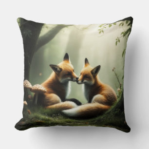 Fox Cuddle in Misty Forest  Throw Pillow