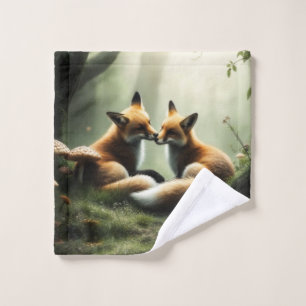 Fox Cuddle in Misty Forest  Wash Cloth