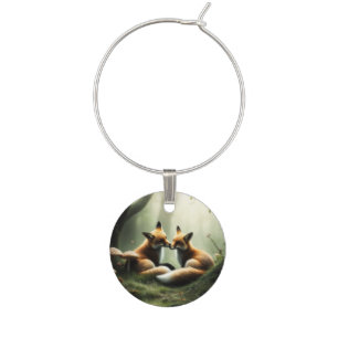 Fox Cuddle in Misty Forest Wine Charm