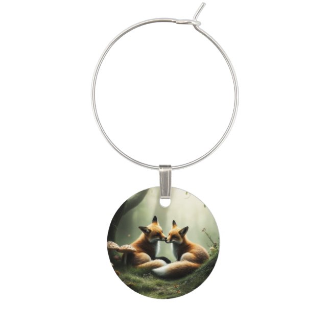 Fox Cuddle in Misty Forest  Wine Charm (Front)