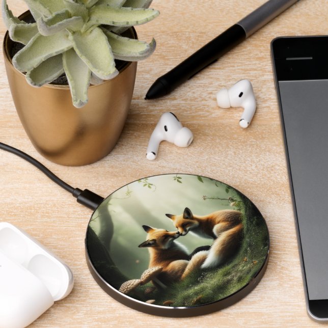 Fox Cuddle in Misty Forest  Wireless Charger (Desk 2)
