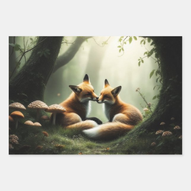 Fox Cuddle in Misty Forest  Wrapping Paper Sheets (Front)