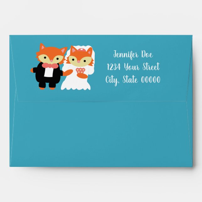 Fox Cute Blue Wedding Personalize Return Address Envelope (Back (Top Flap))