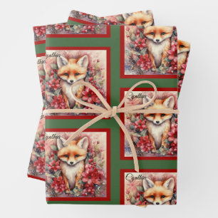Fox Cute Christmas Add Name Floral Wrapping Paper Sheets